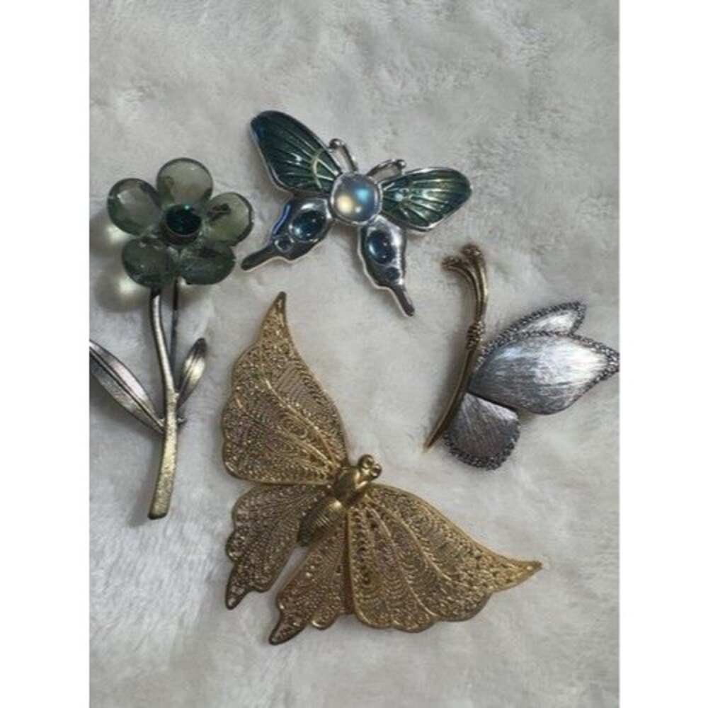 Lot of 4 Butterfly & Flower Brooch Pins Metal Enamel Multicolor